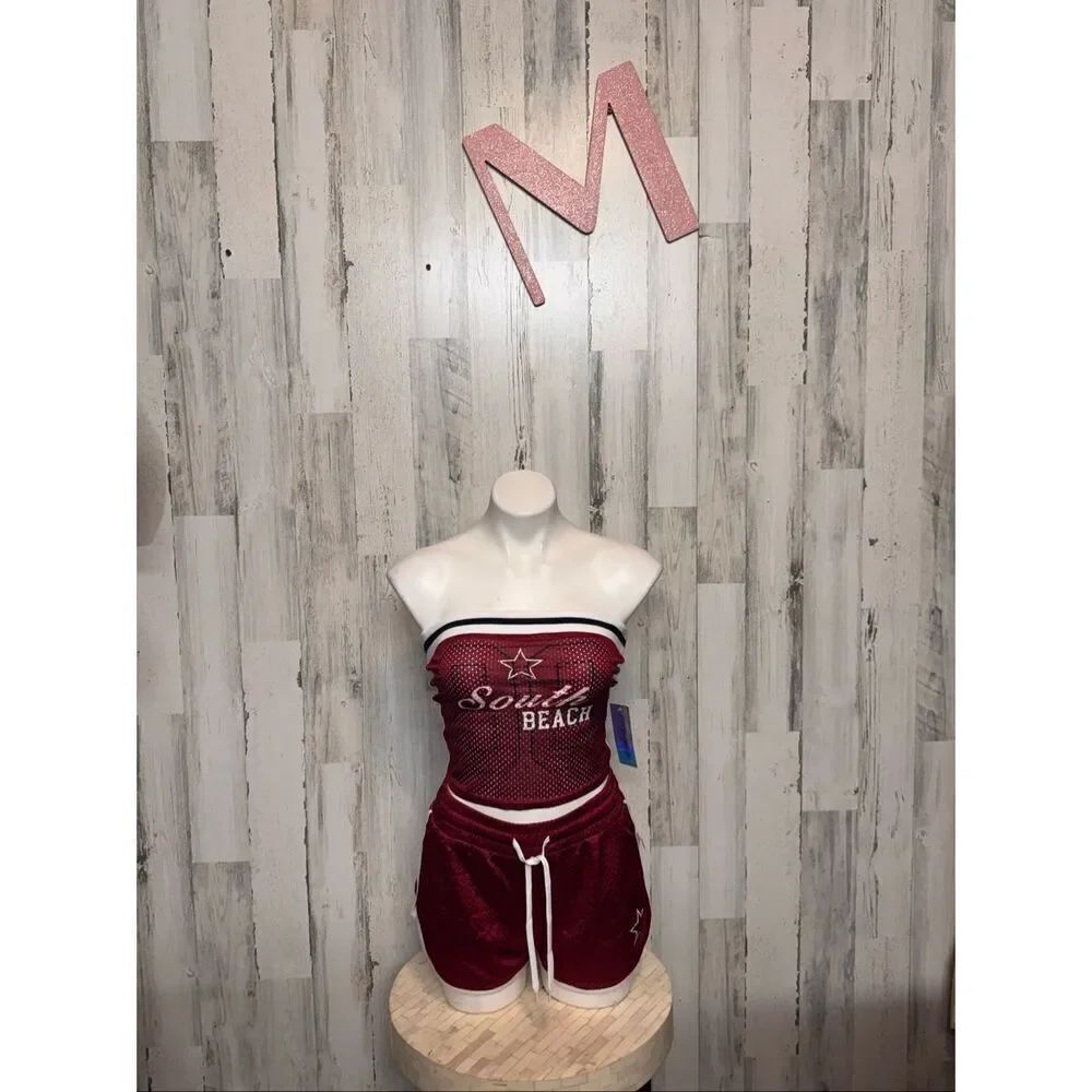Derek Heart “South Beach” Red Two-Piece Tube Top & Shorts Set (Size M)